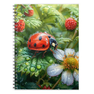 Ladybug Perched on Dew-Covered Strawberry Plant Notebook
