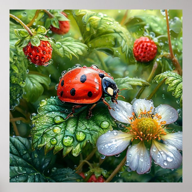 Ladybug Perched on Dew-Covered Strawberry Plant Poster (Front)