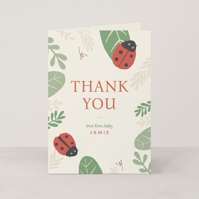 Ladybug Personalised Baby Thank You Card, Folded Note Card (Ladybird Meadow - Small 4.25 x 5.5" Folded Ladybug Thank You Card)
