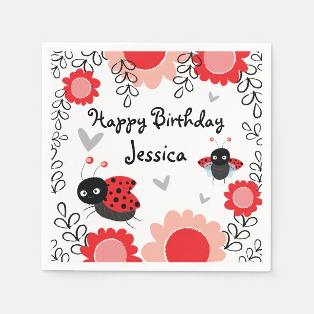 Ladybug Pink and Red Floral Bithday Party Napkin (Front)