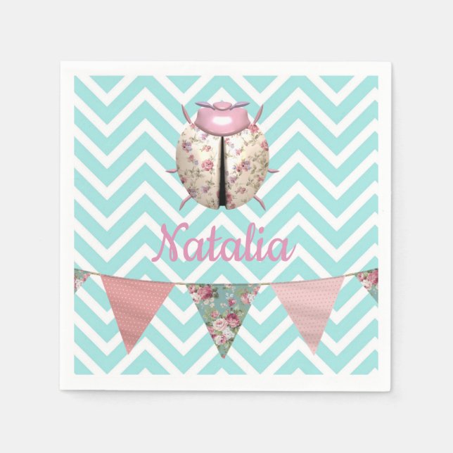 Ladybug pink floral on blue white chevron bunting napkin (Front)