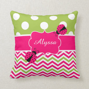 Ladybug Pink Green Personalised Pillow