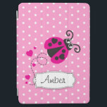 Ladybug pink polka flower art name ipad cover<br><div class="desc">Cute girls flying ladybug / ladybird ipad cover with in pink with hearts,  personalise with your name. Currently reads Amber. Uniquely designed by Sarah Trett.</div>