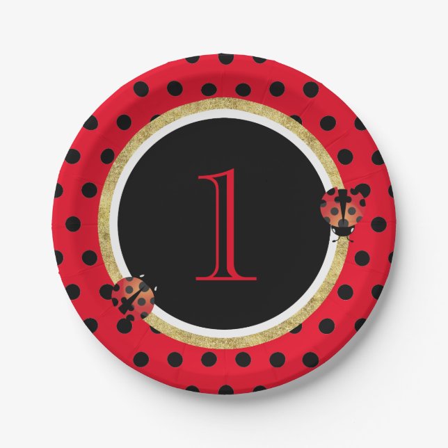 Ladybug Polka Dots Cute Girl 1st Birthday Party Paper Plate (Front)