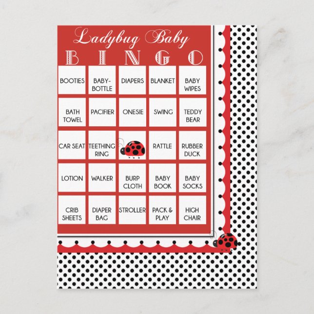 Ladybug Polkadots Baby Shower Bingo Card 1 (Front)
