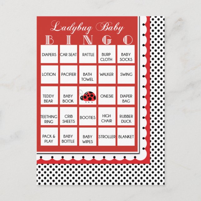 Ladybug Polkadots Baby Shower Bingo Card 11 (Front)