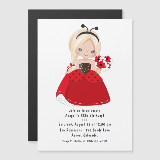 Ladybug Princess Fairy Tale Birthday Party Magnetic Invitation (Front/Back)