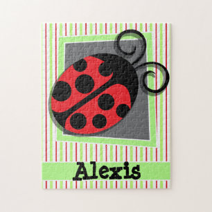 Ladybug; Red and Lime Green Stripes Jigsaw Puzzle