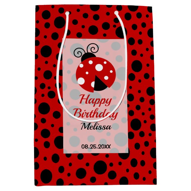 Ladybug Red Black Frame Polka Dots Kids Birthday Medium Gift Bag (Front)