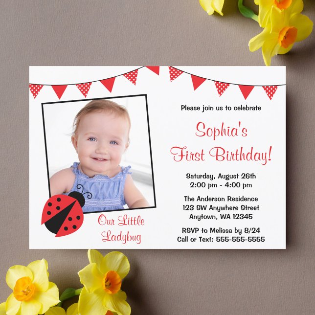 Ladybug Red Black Photo Birthday Invitations (Creator Uploaded)