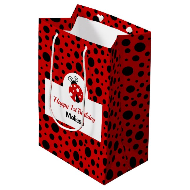 Ladybug Red Black Polka Dots Kids Birthday Medium Gift Bag (Front Angled)