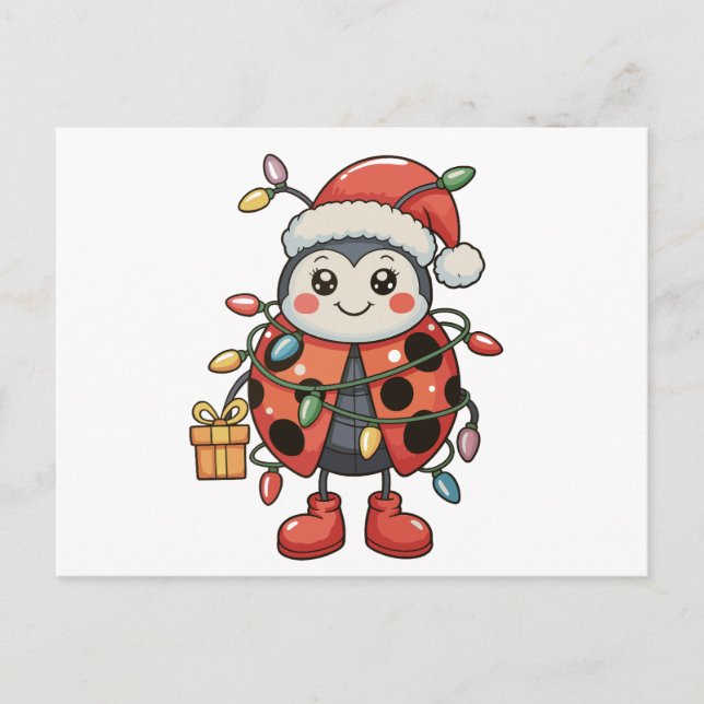 Ladybug Santa Hat Christmas Lights Present Box Holiday Postcard (Front)