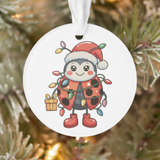 Ladybug Santa Hat Christmas Lights Present Box Ornament