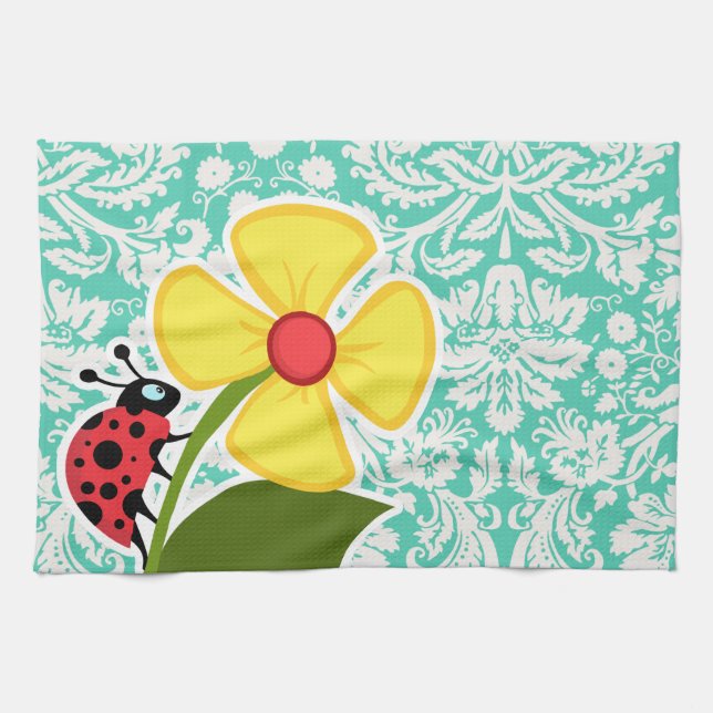 Ladybug; Seafoam Green Damask Tea Towel (Horizontal)