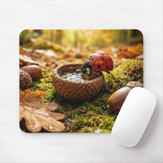 Ladybug Sipping Water from an Acorn Cap Mouse Mat (With Mouse)