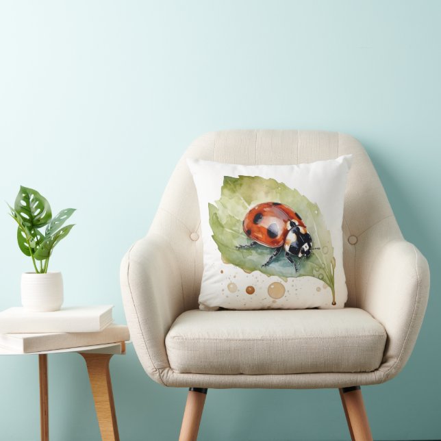 Ladybug sitting on a leaf in vibrant water colour cushion (Chair)
