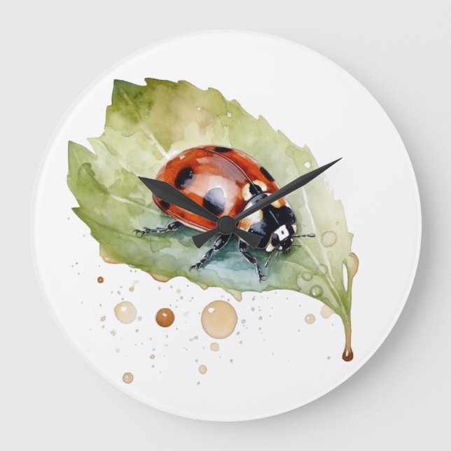 Ladybug sitting on a leaf in vibrant water colour large clock (Front)