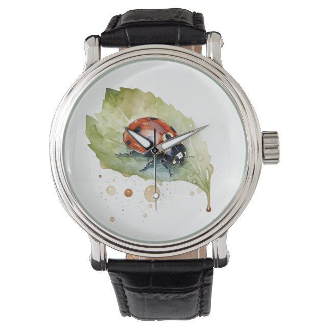 Ladybug sitting on a leaf in vibrant water colour watch (Front)