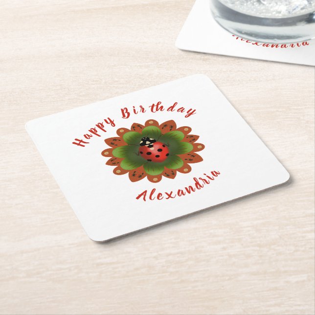 Ladybug Square Paper Coaster (Angled)