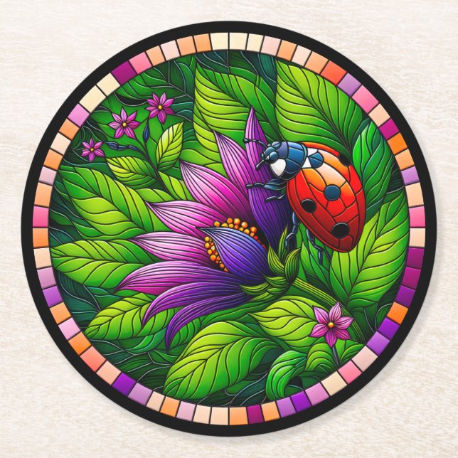 Ladybug Stained Glass Round Paper Coaster (Front)
