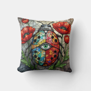Ladybug stained glass vibrant poppy flower insect  cushion