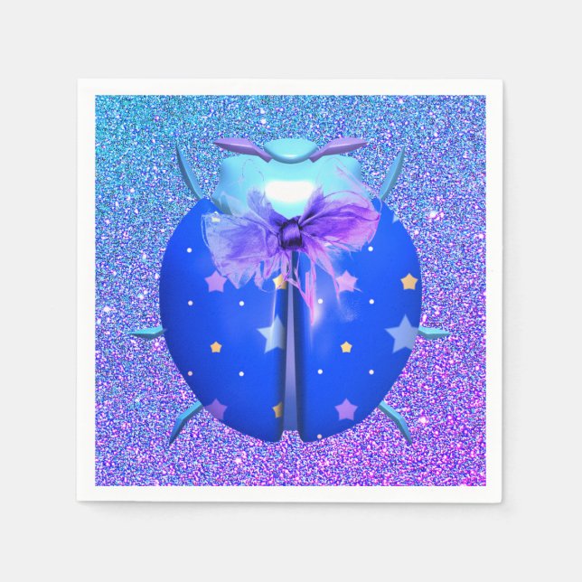 Ladybug star cute glitter look blue purple napkin (Front)