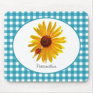 Ladybug Sunflower Turquoise Gingham With Name Mouse Mat