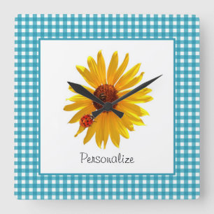 Ladybug Sunflower Turquoise Gingham With Name Square Wall Clock