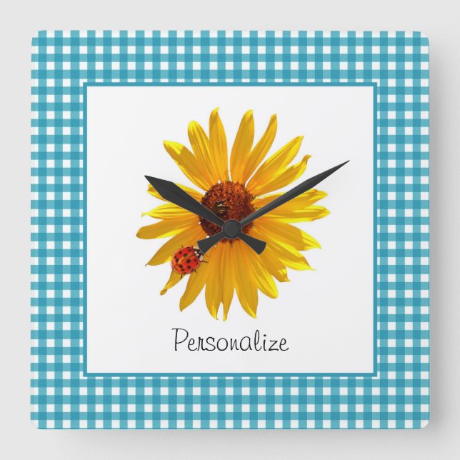 Ladybug Sunflower Turquoise Gingham With Name Square Wall Clock (Front)