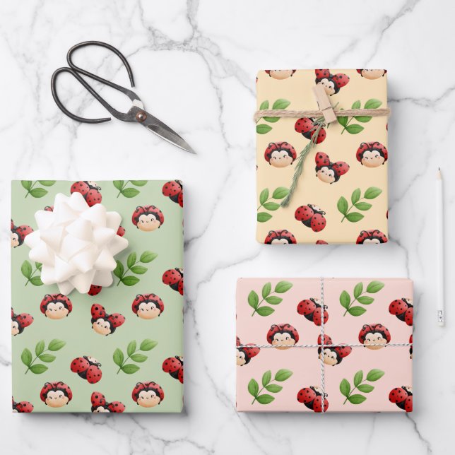 LadyBug Theme Cute Kids Wrapping Paper (Front)