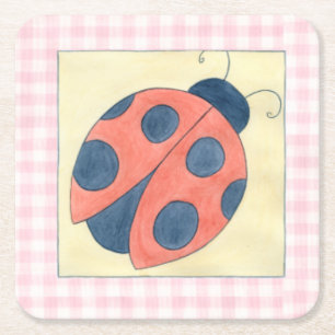 Ladybug Trio Landing on Flowers Square Paper Coaster