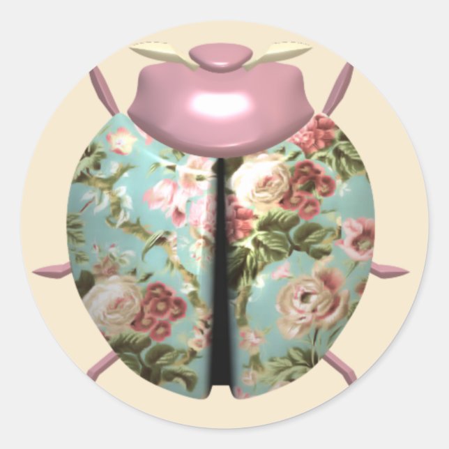 Ladybug victorian floral chintz pink blue cute classic round sticker (Front)