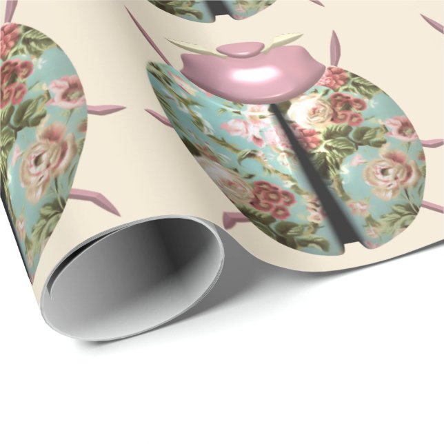 Ladybug victorian floral rose cute blue pink beige wrapping paper (Roll Corner)