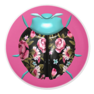 Ladybug victorian floral rose pink black chintz ceramic knob