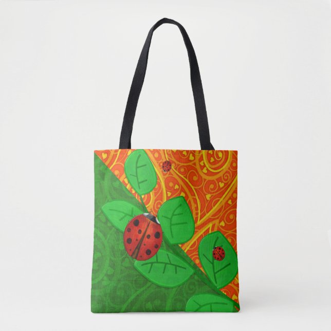 Ladybug Whimsey 3D Folk Art Tote Bag (Front)