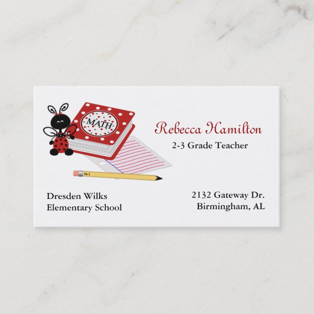 Ladybug with Book Teacher's Business Card (Front)
