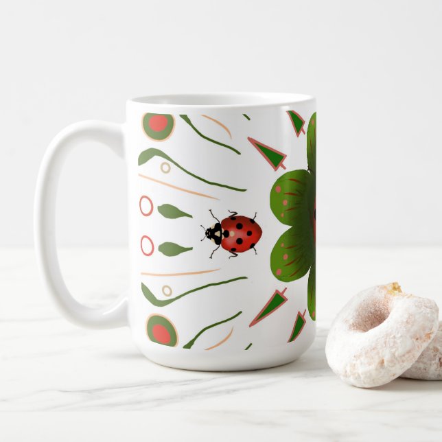 Ladybug - with red, green on white coffee mug (With Donut)