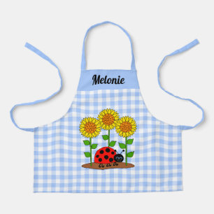Ladybug with Sunflowers Blue Gingham Monogram Apron