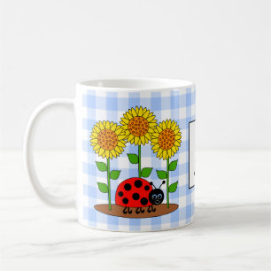 Ladybug with Sunflowers Blue Gingham Monogram Coffee Mug