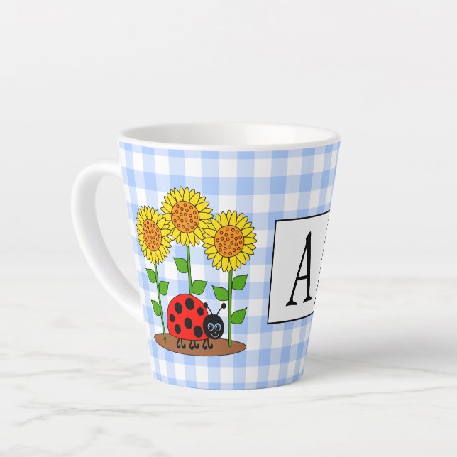 Ladybug with Sunflowers Blue Gingham Monogram Latte Mug (Left Angle)