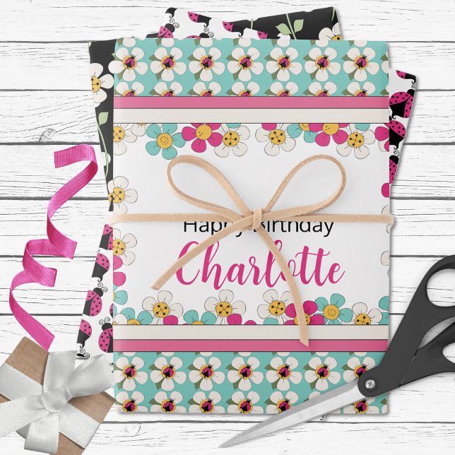 Ladybugs and Flowers Birthday  Wrapping Paper Sheet (Creator Uploaded)