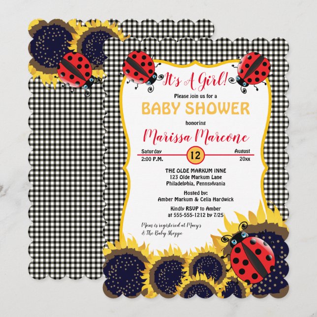 Ladybugs and Sunflowers It's A Girl Baby Shower Invitation (Front/Back)