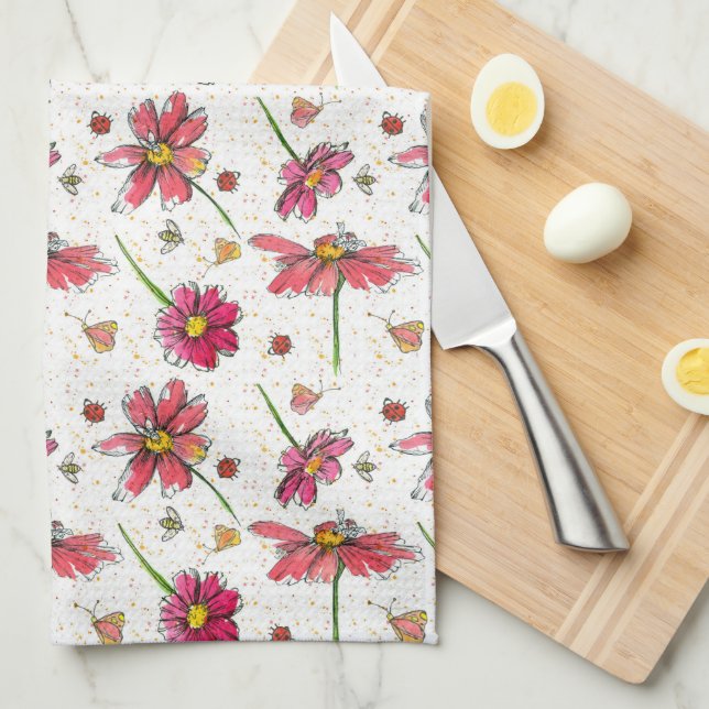 Ladybugs Bees Watercolor Flowers Tea Towel (Quarter Fold)