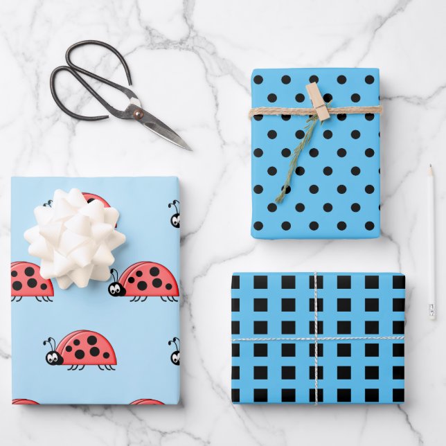 Ladybugs blue and black dots and squares wrapping paper sheet (Front)