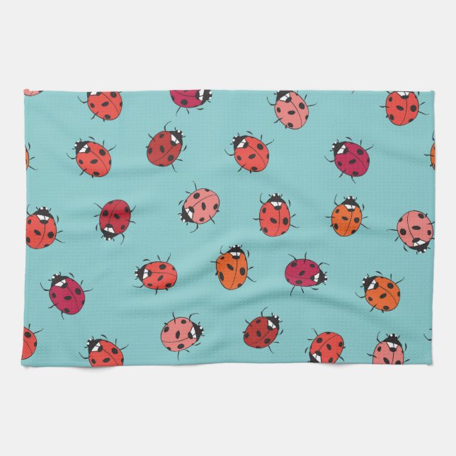 Ladybugs, blue background, charming seamless patte tea towel (Horizontal)