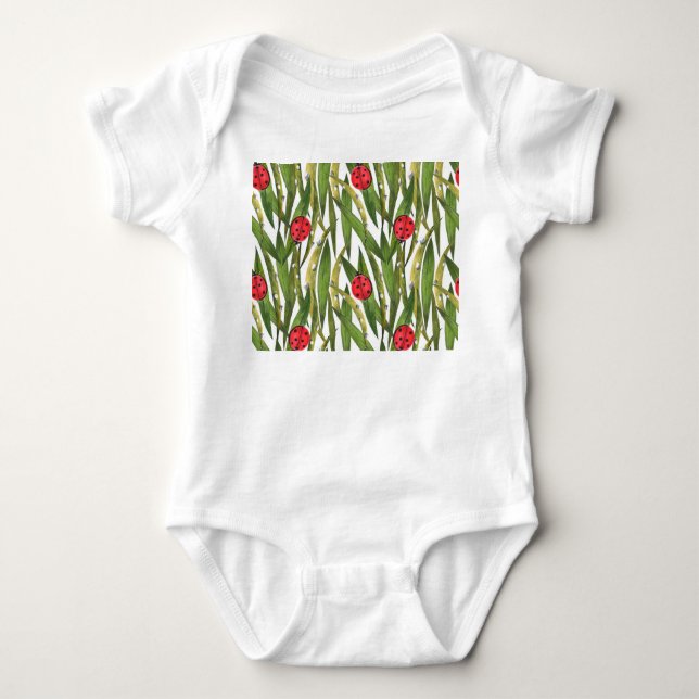 Ladybugs: daisy background watercolor pattern. baby bodysuit (Front)