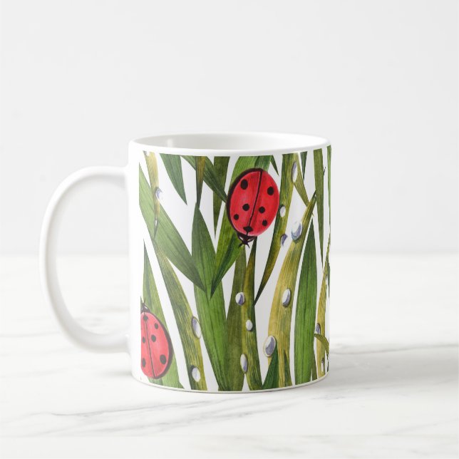 Ladybugs: daisy background watercolor pattern. coffee mug (Left)