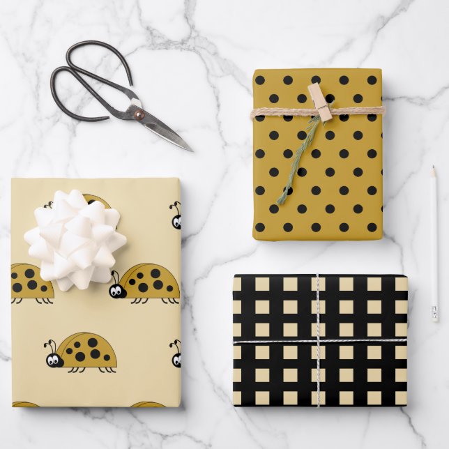 Ladybugs gold and black dots and squares  wrapping paper sheet (Front)