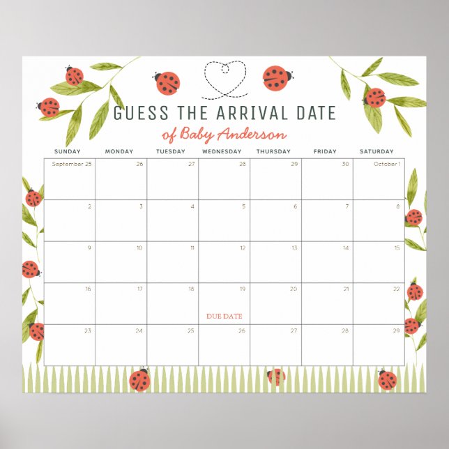 Ladybugs Green Guess The Due Date Calendar Poster (Front)