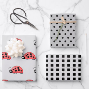 Ladybugs grey and black dots and squares wrapping paper sheet